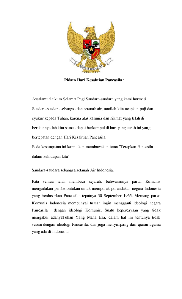 Pidato Inspektur Upacara Hari Kesaktian Pancasila 2025: Pancasila Perekat Bangsa